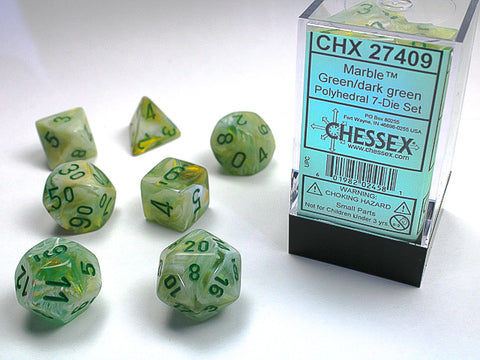 Chessex Marble Dice Set – Green with Dark Green Lettering (7-piece)