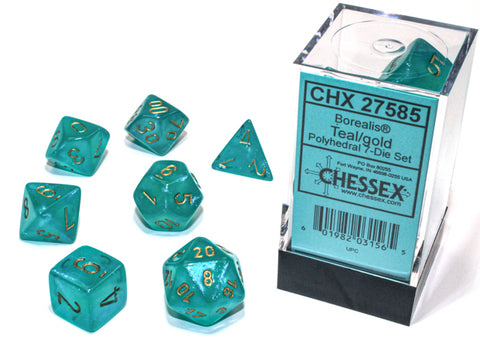 Chessex Borealis Luminary Würfelset – Türkis mit goldener Schrift (7-teilig)