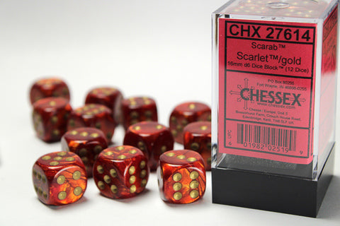 Scarab 16 mm d6 Scarlet/gold Dice Block (12 dice)