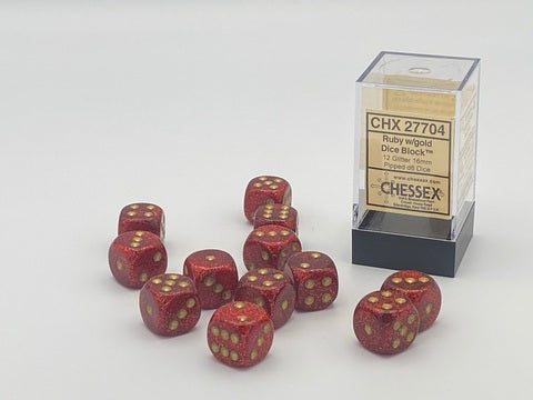 Glitter 16mm d6 Ruby/Gold Dice Block™ (12 dice)