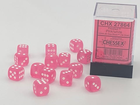 Frosted™ Polyhedral Pink w/white Signature™ 12mm d6 with pips Dice Blocks™ (36 Dice)