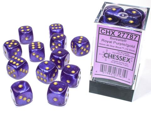 Chessex Borealis Die Set – Royal Violet with Gold Eyes (12x D6, 16 mm)
