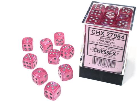Chessex Borealis® Luminary™ 12 mm W6 Würfelblock – Pink/Silber (36 Würfel)