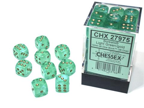 Borealis® 12mm d6 Light Green/Gold Luminary™ Dice Block™ (36 dice)