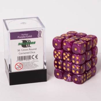 Blackfire Dice Cube - 12mm D6 36 Dice Set - Marbled Purple/Gold