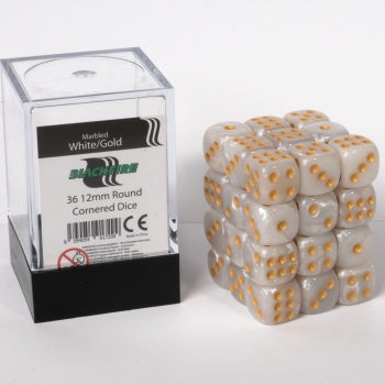 Blackfire Dice Cube - 12mm D6 36 Dice Set - Marbled White Gold