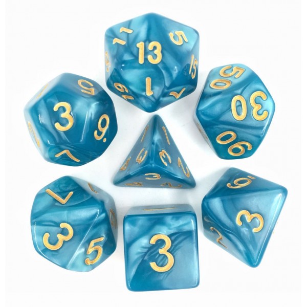 HD Dice - Pearl Dice Set (7 pcs), Lake Blue (Gold Font)