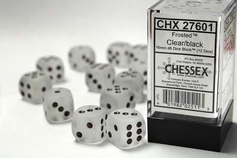 Chessex Frosted Dice Block – Transparent frosted with black pips (12× W6, 16 mm)