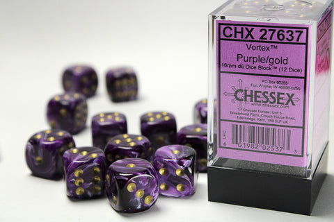 Chessex Vortex Purple/Gold – 12× W6 Die Block (16 mm)