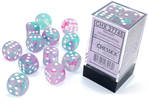 Chessex Nebula Die Set – Wisteria with White Eyes (12x D6, 16 mm)