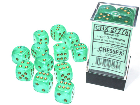 Chessex Borealis Dice Set – Light Green with Gold Dots (12x D6, 16 mm)