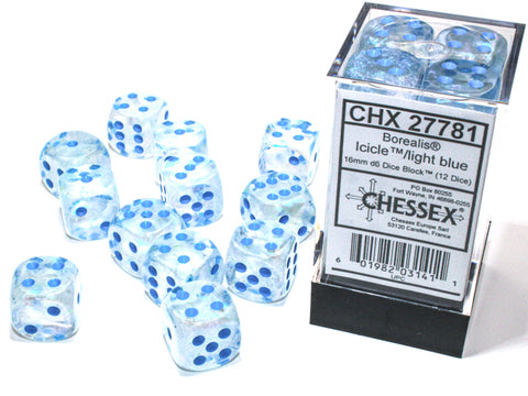 Chessex Borealis Dice Set – Ice Blue with Light Blue Eyes (12x D6, 16 mm)