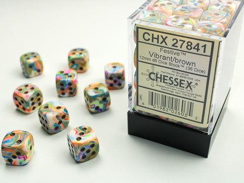 Chessex Festive Würfelset – Vibrant mit braunen Augen (36x W6, 12 mm)