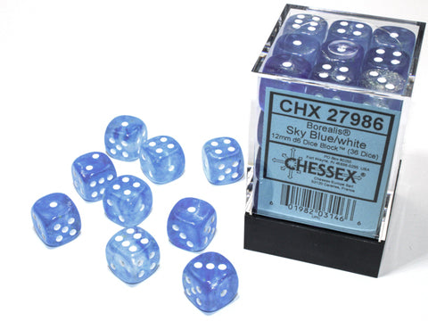 Chessex Borealis Die Set – Sky Blue with White Eyes (36x D6, 12 mm)