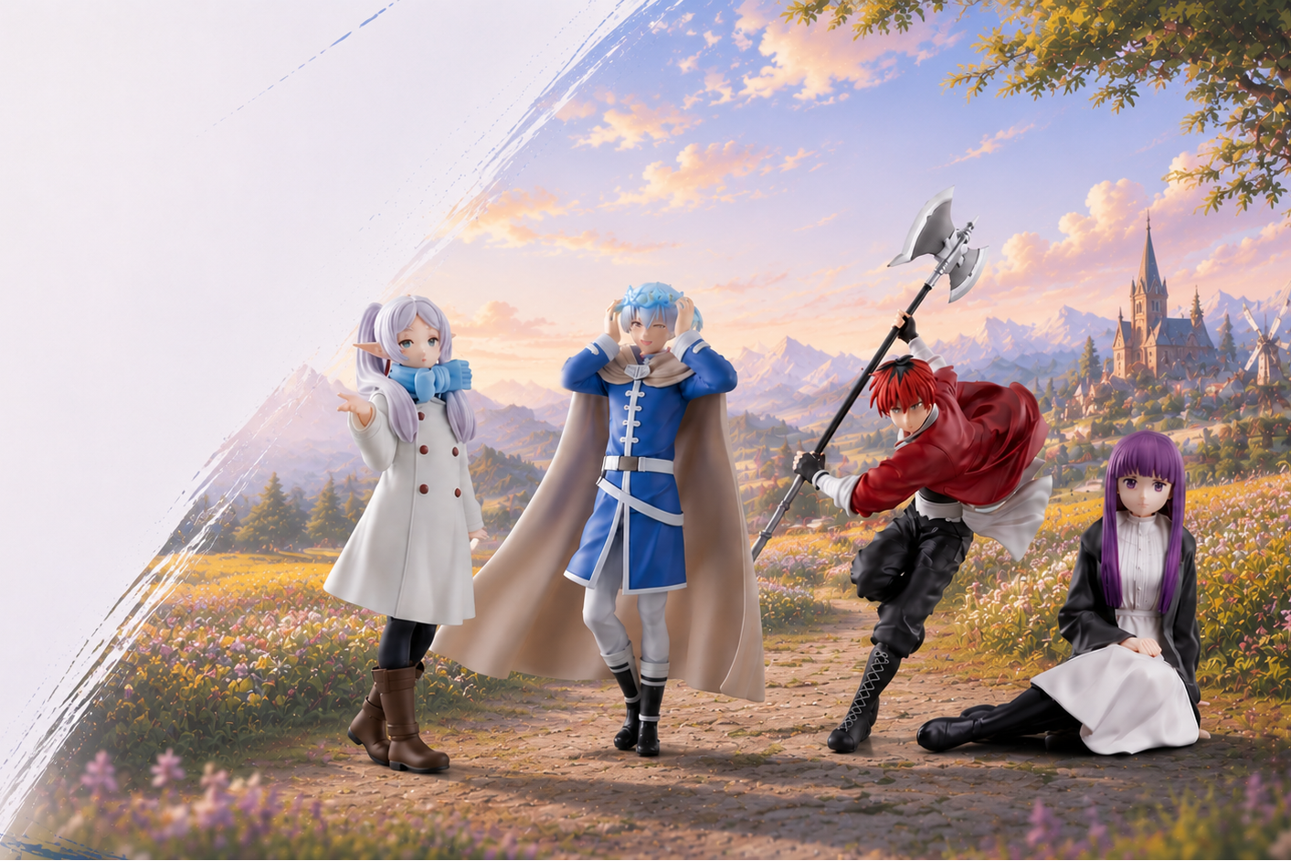 Breites Anime-Banner mit vier detailreichen Frieren-Sammelfiguren vor einer warmen Fantasy-Landschaft mit Blumenfeldern, Bergen, Windmühle und Dorf im Abendlicht.