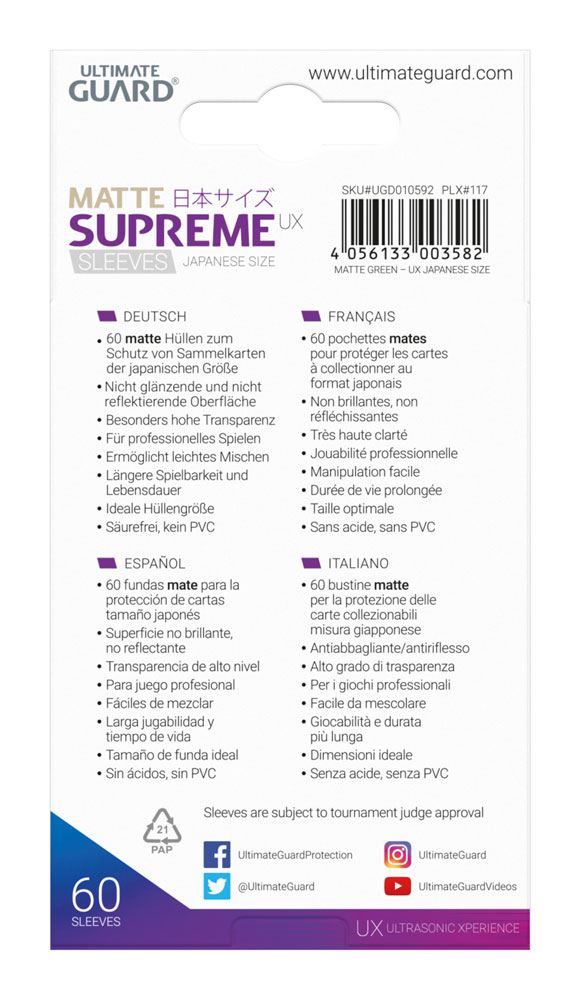 Ultimate Guard Supreme UX Sleeves Japanische Größe Matt Grün (60)