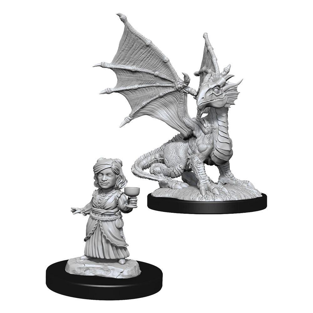 D&D Nolzur's Marvelous Miniatures unbemalt Silver Dragon Wyrmling & Female Halfling