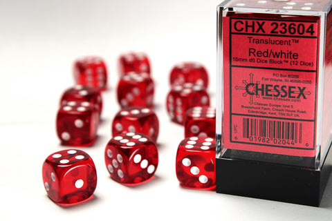 Translucent 16mm d6 Red/white Dice Block (12 dice)