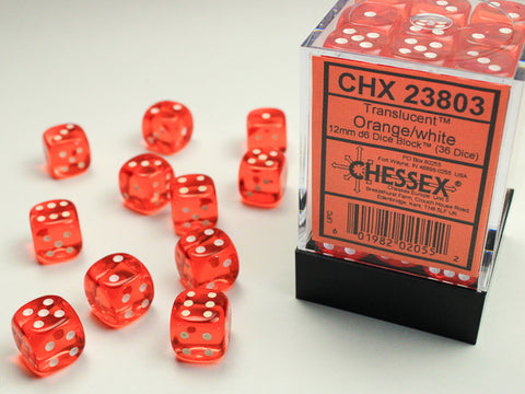 Chessex Translucent 12 mm W6 Würfelblock – Orange/Weiß (36 Würfel)