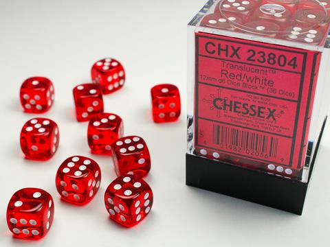 Translucent 12mm D6 Würfelblock – Rot/Weiß (36 Würfel)