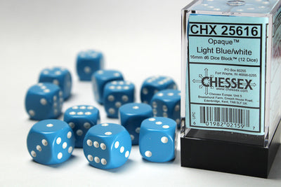 Chessex Opaque Würfelset – Hellblau mit weißen Augen (12x W6, 16 mm)