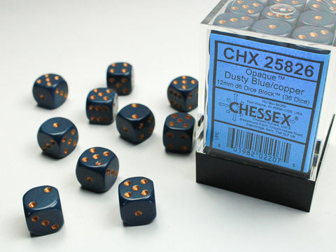 Chessex Opaque Würfelset – Staubblau mit kupferfarbenen Augen (36x W6, 12 mm)