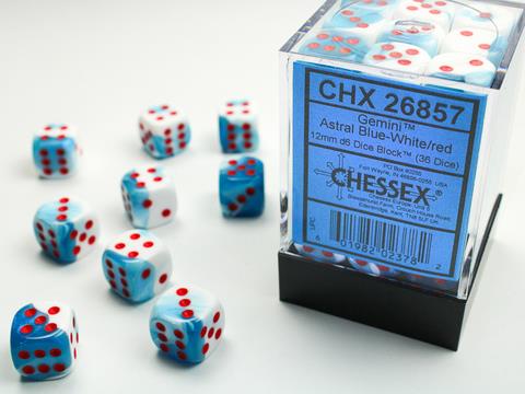 Gemini 12mm d6 Astral Blue-White/red Dice Block (36 dice)