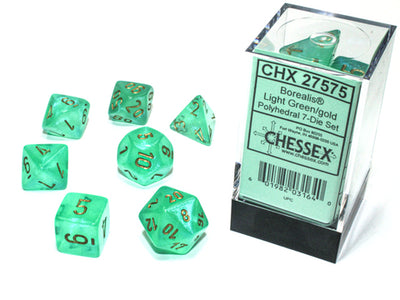 Chessex Borealis Luminary Würfelset – Hellgrün mit goldener Schrift (7-teilig)