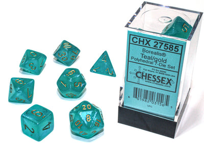 Chessex Borealis Luminary Würfelset – Türkis mit goldener Schrift (7-teilig)