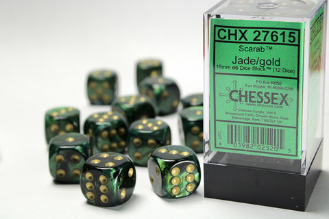 Scarab 16 mm d6 Jade/gold Dice Block (12 dice)