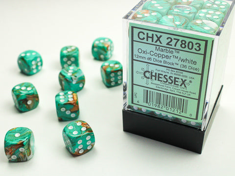 Chessex Marble Dice Set – Oxi-Copper with White Dots (36x W6, 12 mm)