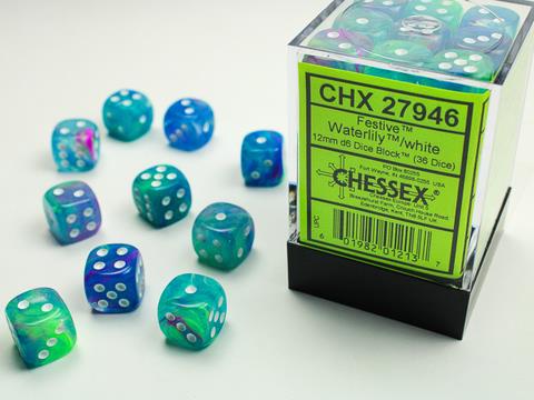 Chessex Festive Dice Set – Waterlily with White Eyes (36x W6, 12 mm)