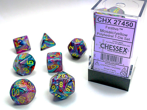 Chessex Festive Würfelset – Mosaic mit gelber Schrift (7-teilig)