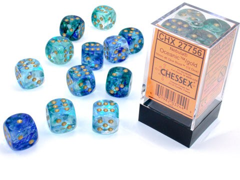 Chessex Nebula Die Set – Oceanic with Golden Eyes (12x D6, 16 mm)