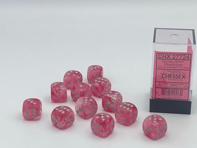 Chessex Ghostly Glow Würfelset – Pink mit silbernen Augen (12x W6, 16 mm)