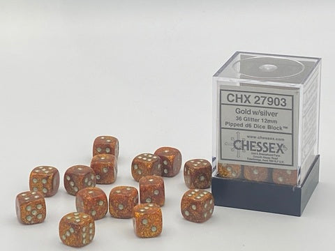 Chessex Glitter Die Set – Gold with Silver Eyes (36x W6, 12 mm)