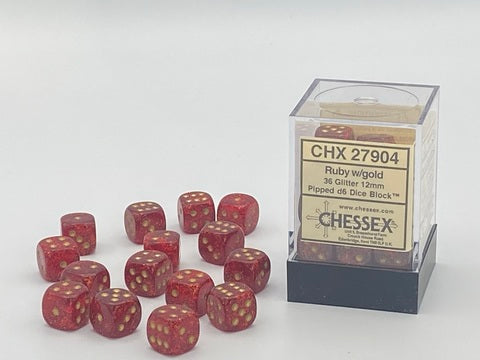 Chessex Glitter Die Set – Ruby Red with Gold Eyes (36x W6, 12 mm)