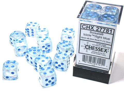 Chessex Borealis Dice Set – Ice Blue with Light Blue Eyes (12x D6, 16 mm)