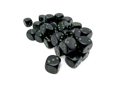 Chessex Opaque Würfelset – Schwarz mit grünen Augen (36x W6, 12 mm)