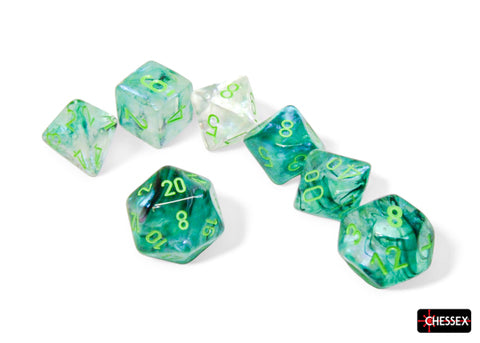 Chessex Borealis Luminary Würfelset – Kelp mit hellgrüner Schrift (7-teilig)