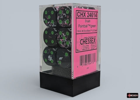 Chessex Brush Dice Set – Paintball with Green Eyes (12x D6, 16 mm)