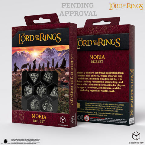 Q WORKSHOP Der Herr der Ringe: Moria Würfelset – Schwarz mit Leuchtgravuren (7-teilig)