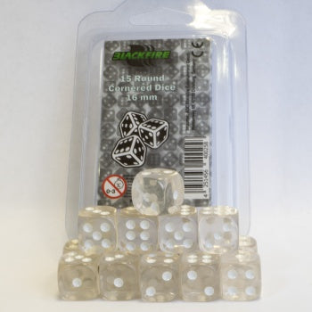 Blackfire Dice - 16mm D6 Dice Set - Transparent White (15 Dice)