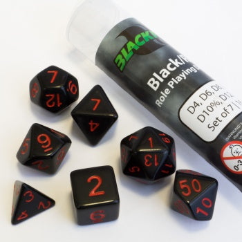 Blackfire Dice - 16mm Role Playing Dice Set - Black with Red numbers (7 Dice)