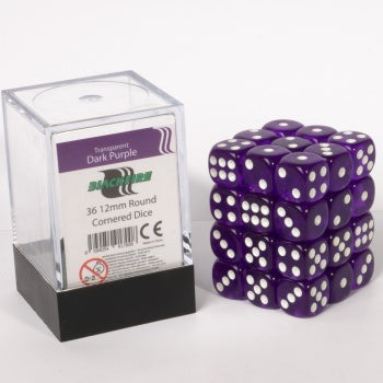 Blackfire Dice Cube - 12mm D6 36 Dice Set - Transparent Dark Purple