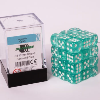 Blackfire Dice Cube - 12mm D6 36 Dice Set - Transparent Cyan