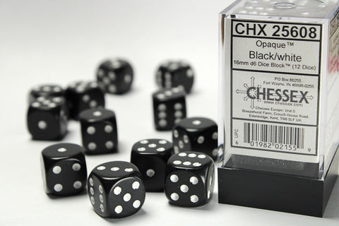 Chessex Opaque Die Set – Black with White Dots (12x D6, 16 mm)