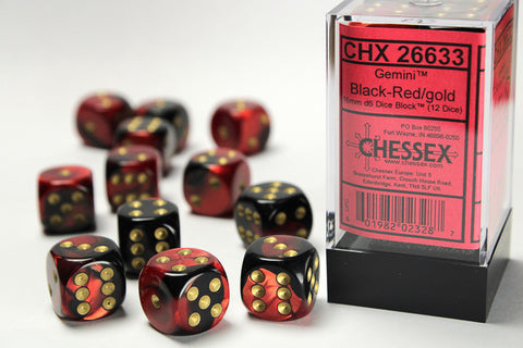 Chessex Gemini Die Set – Black and Red with Gold Eyes (12x D6, 16 mm)