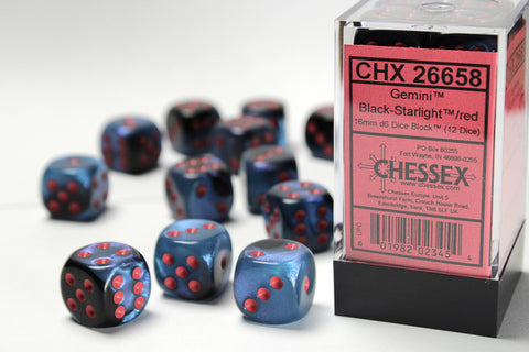 Chessex Gemini Die Set – Black Starlight with Red Eyes (12x D6, 16 mm)
