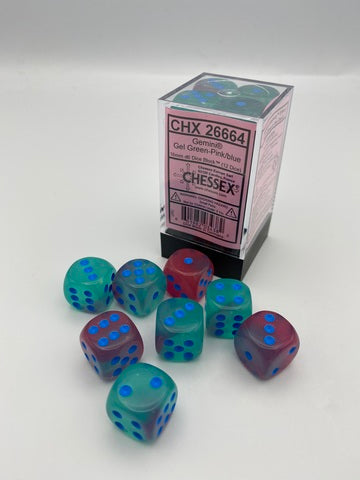 Chessex Gemini Dice Set – Jelly Green and Pink with Blue Eyes (12x D6, 16 mm)